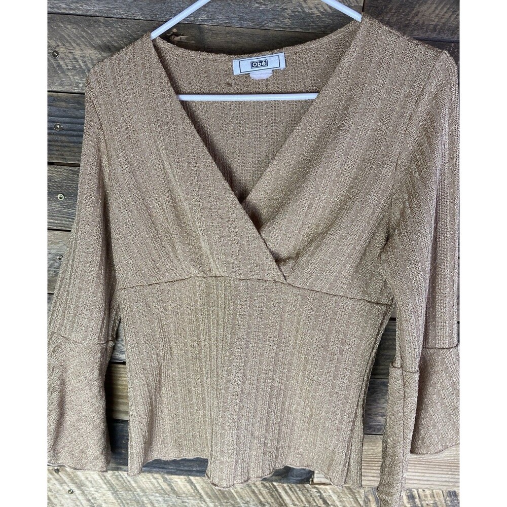 Obe'  Women's Sz L  Tan V-Neck Long Flare Sleeve Stretchy Top